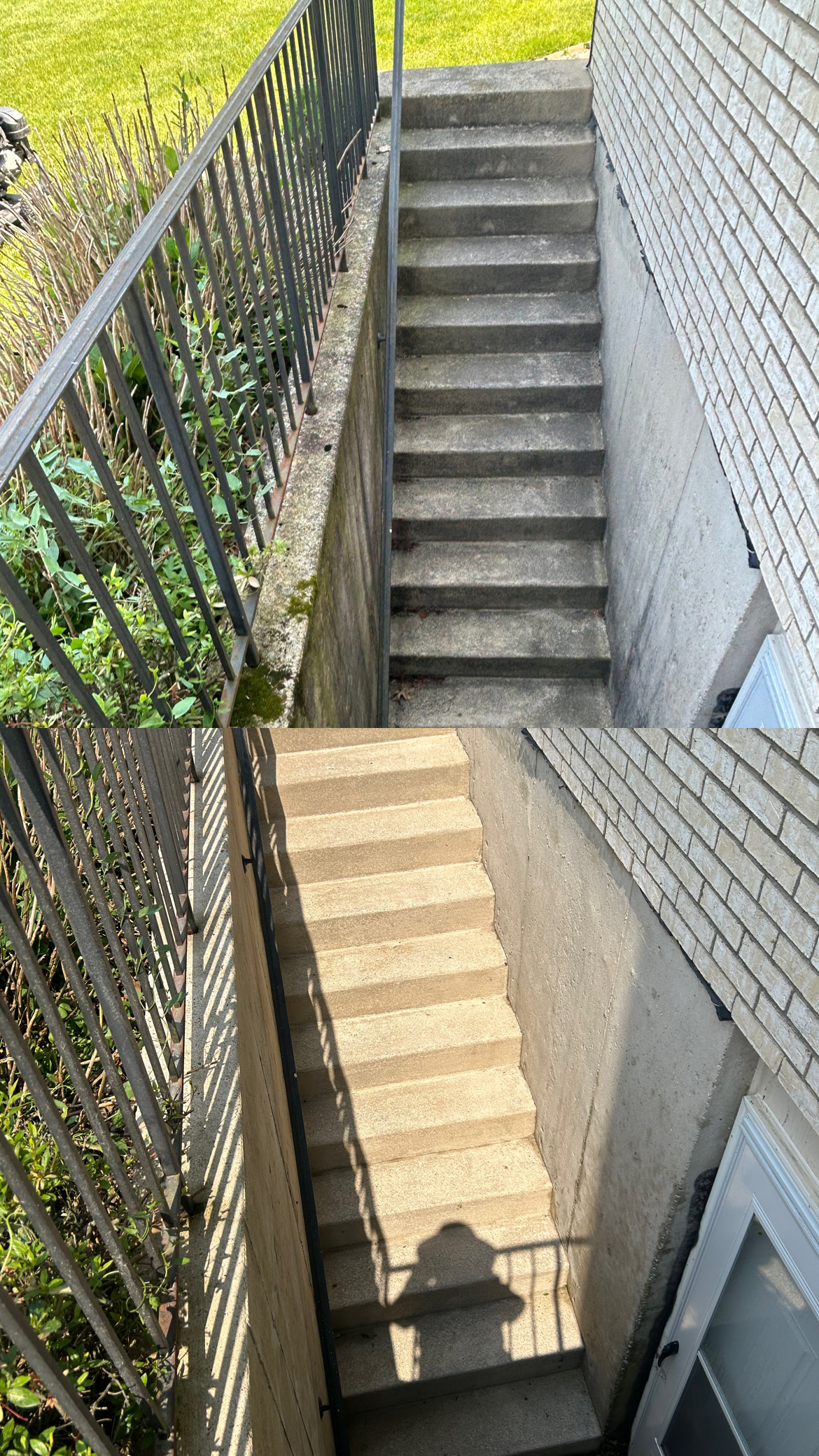 Basement stairs and walls before and after pressure washing