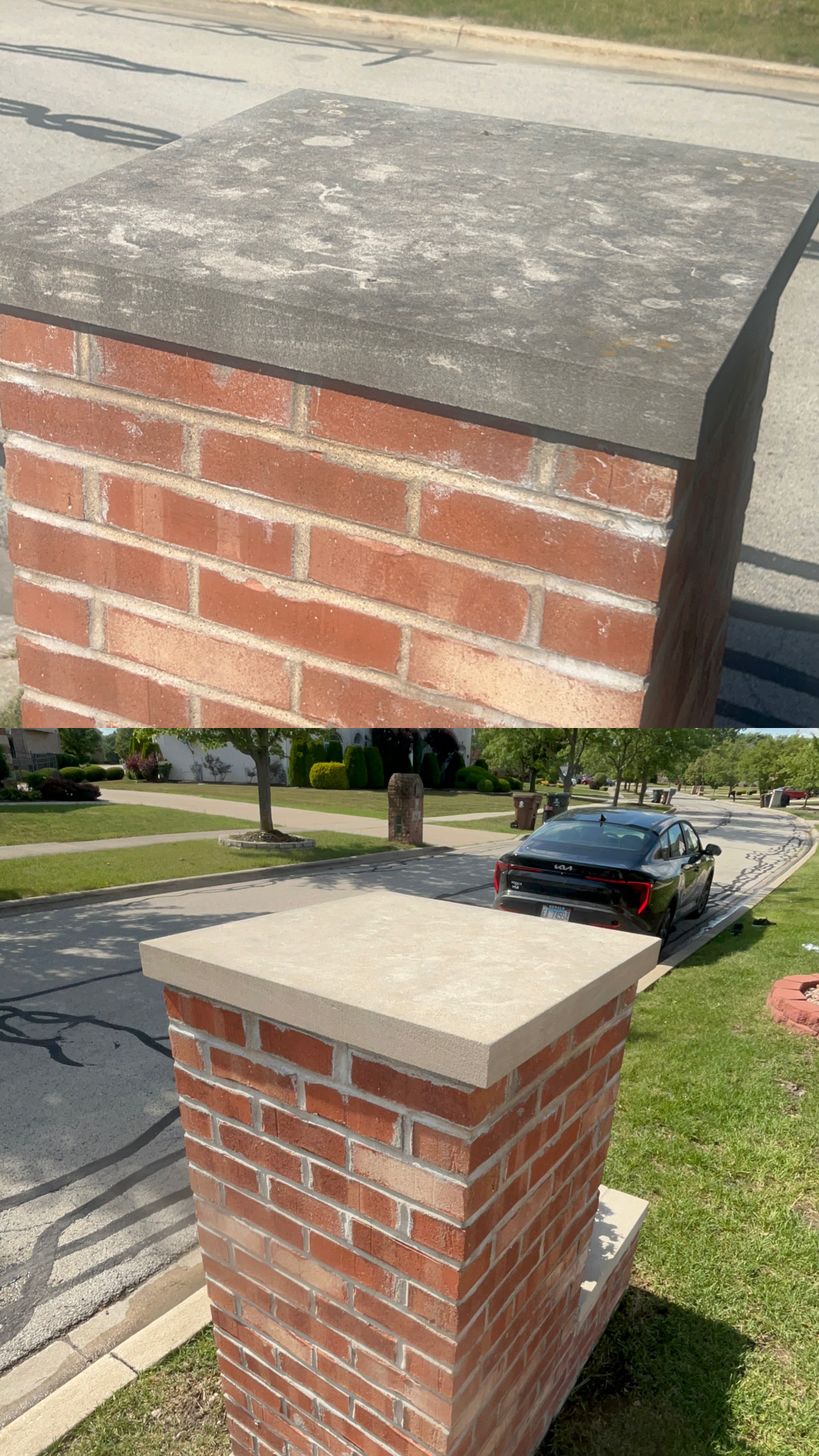 Brick pillar before and after pressure washing - removing stains and algae