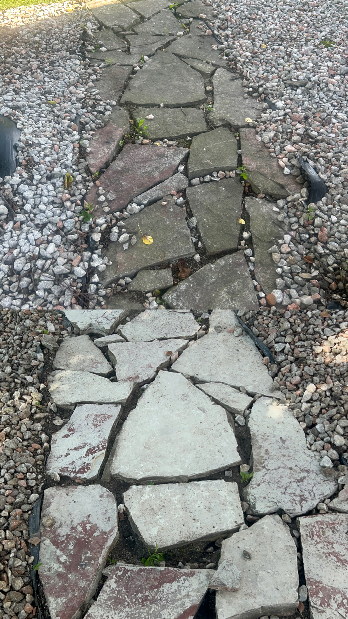 Stone walkway area before and after pressure washing